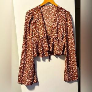 Brown floral tie up shrug style with long bell sleeves